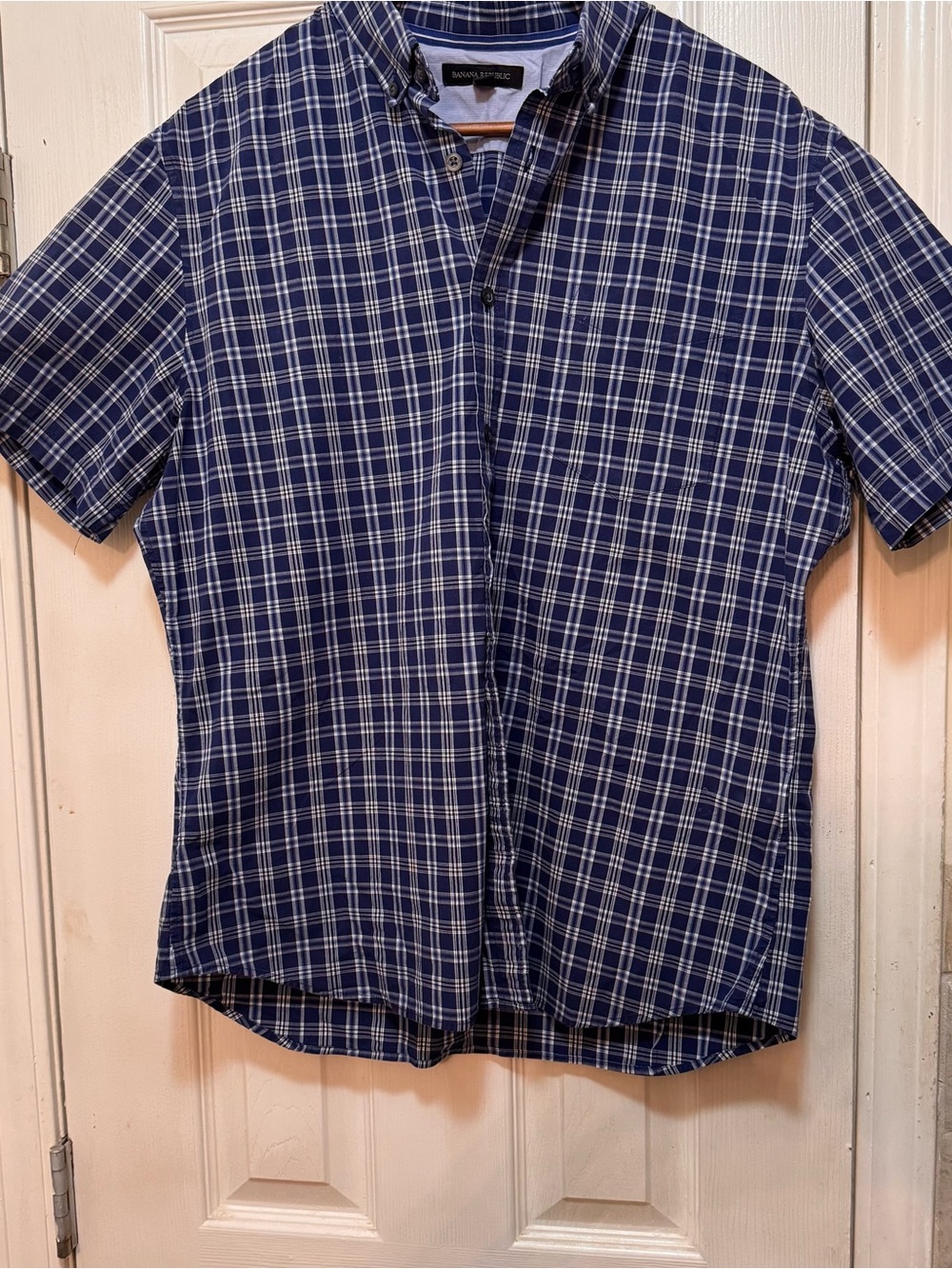 Banana Republic Navy and White Plaid Short-Sleeve Button-Down Shirt